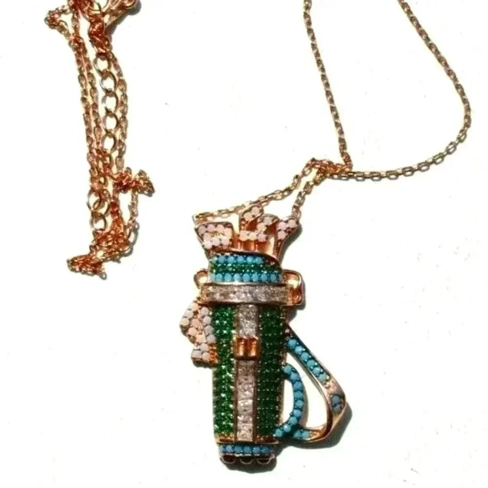 Vtg Retro Golf Bag & Clubs Golfing Sterling Silver 925 Casual Dangling Necklace